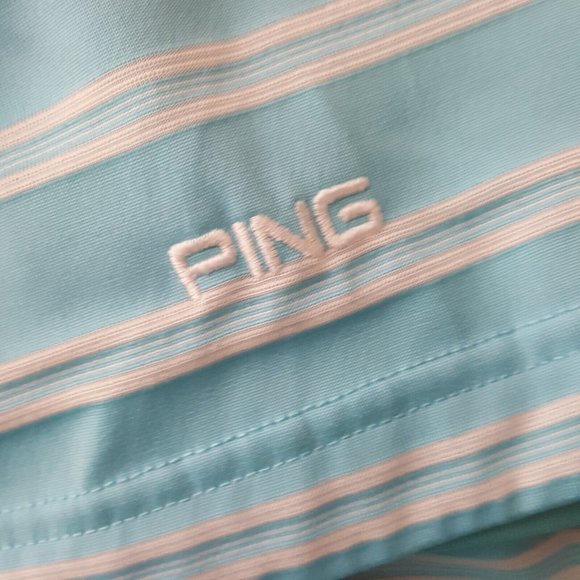 Mens PING Blue White Stripe Polo Golf Shirt Size L - Picture 3 of 5